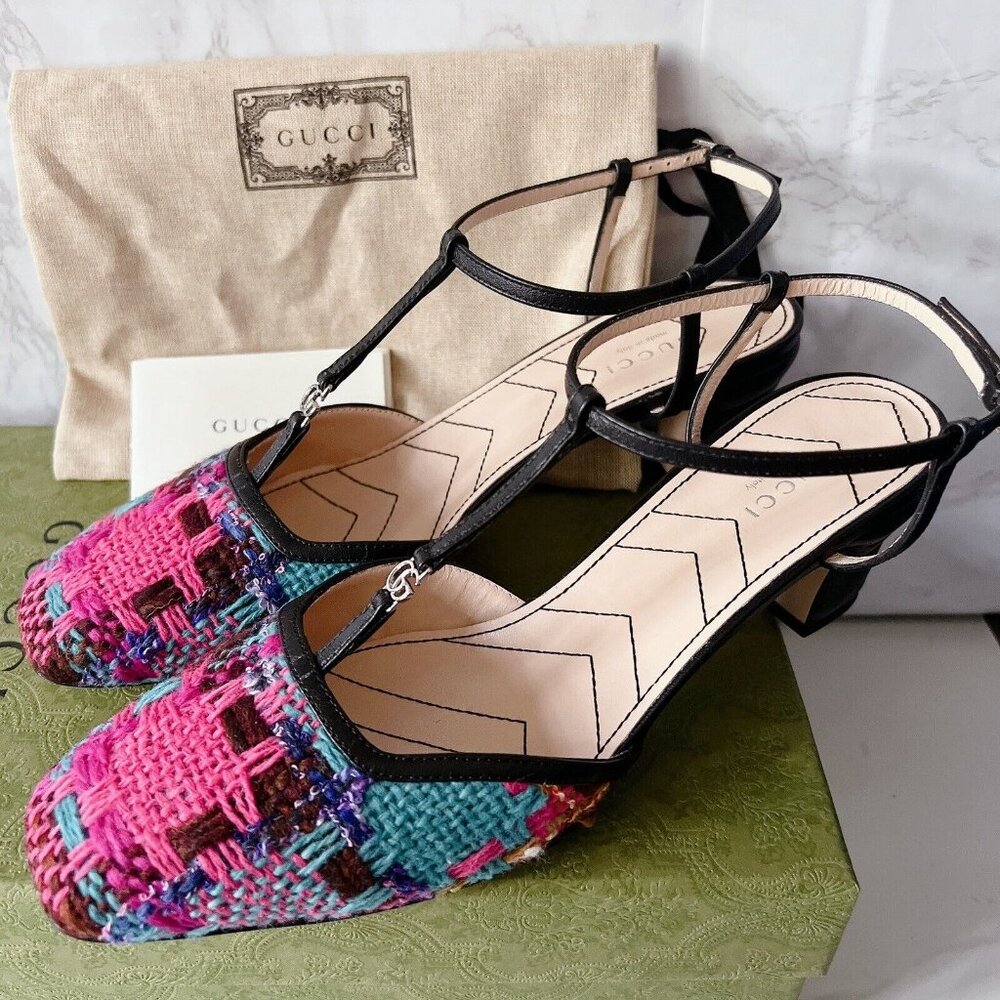 Gucci Marmont 55mm Tweed T-strap Pumps Pink/ Blue/ Black Size EU 39 - Picture 6 of 13